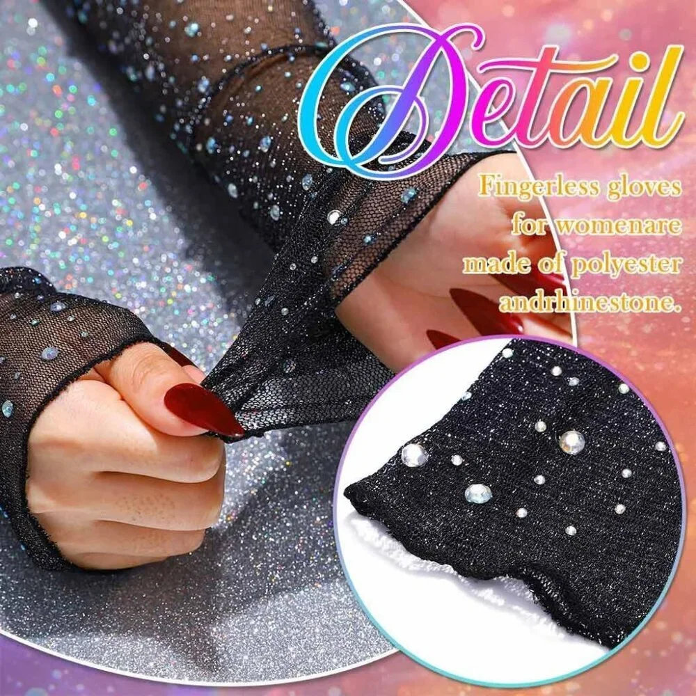 Women's Sparkly Rhinestone Long Gloves Fingerless Mesh Elbow Length Arm Sleeves